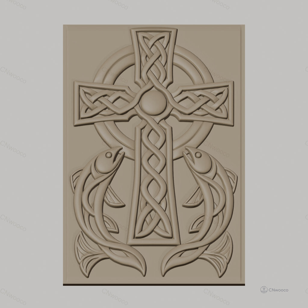 Fichier CNC & impression 3D Croix celtique avec poissons, motif entrelacé haute qualité relief STL