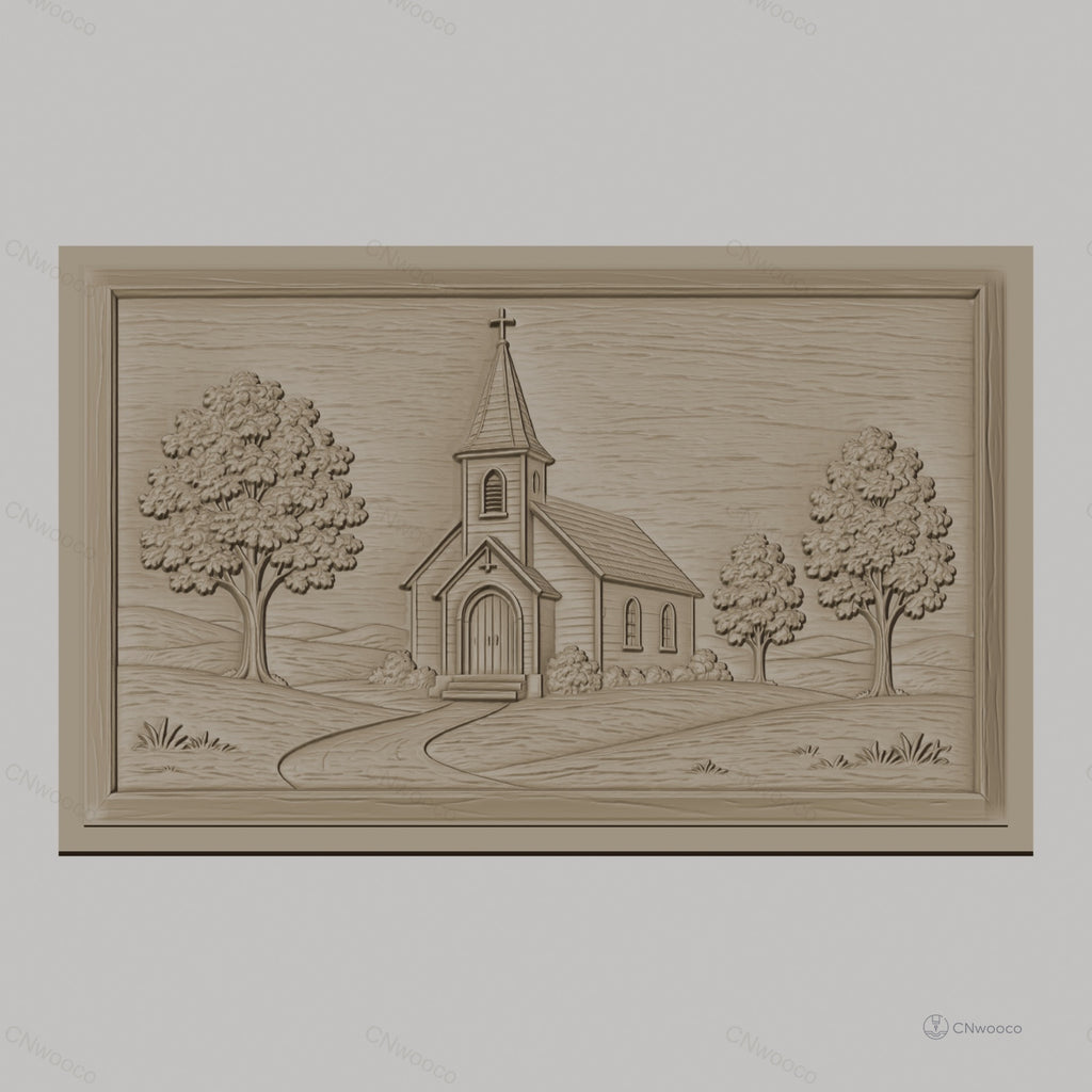 Fichier CNC & impression 3D scène d'église rurale, arbres et chemin dans un relief, haute qualité relief STL