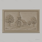 Fichier CNC & impression 3D scène d'église rurale, arbres et chemin dans un relief, haute qualité relief STL
