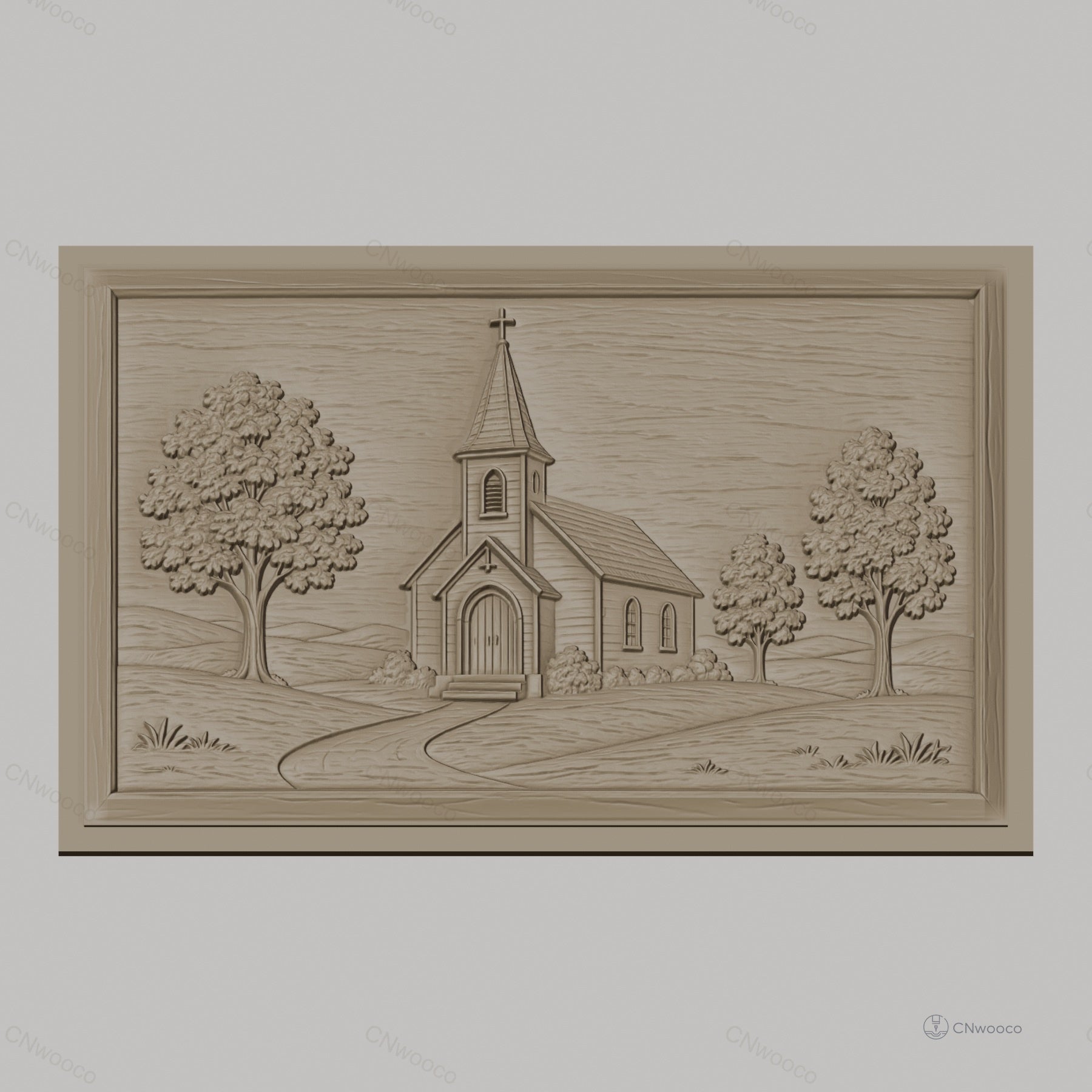Fichier CNC & impression 3D scène d'église rurale, arbres et chemin dans un relief, haute qualité relief STL