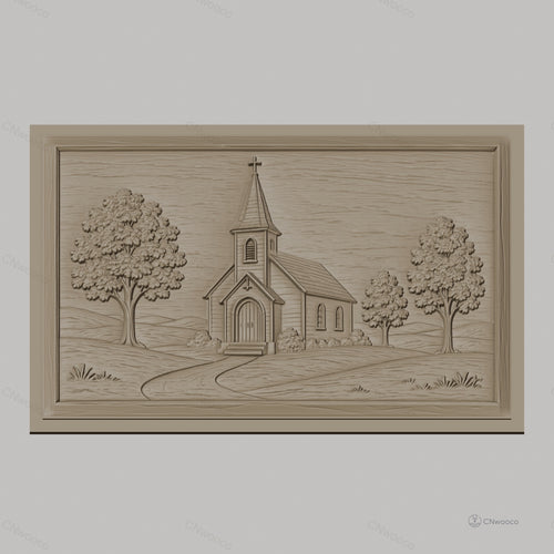 Fichier CNC & impression 3D scène d'église rurale, arbres et chemin dans un relief, haute qualité relief STL