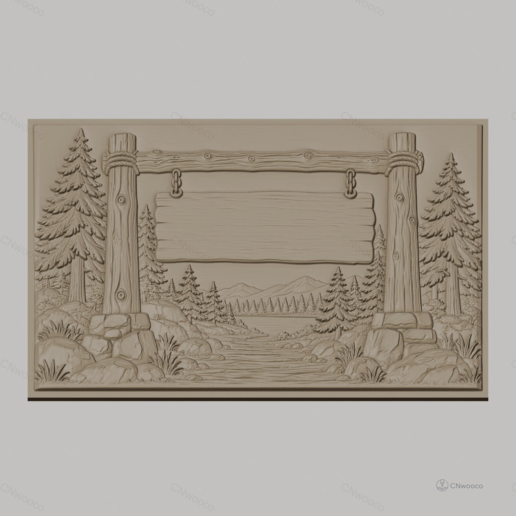 Fichier CNC & impression 3D panneau bois, paysage forêt, montagne et rivière, haute qualité relief STL