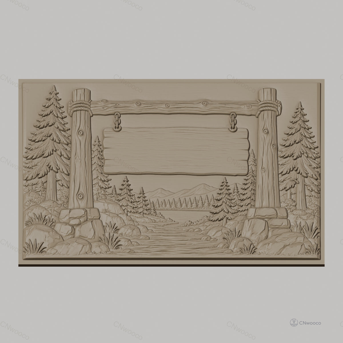 Fichier CNC & impression 3D panneau bois, paysage forêt, montagne et rivière, haute qualité relief STL
