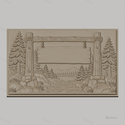 Fichier CNC & impression 3D panneau bois, paysage forêt, montagne et rivière, haute qualité relief STL