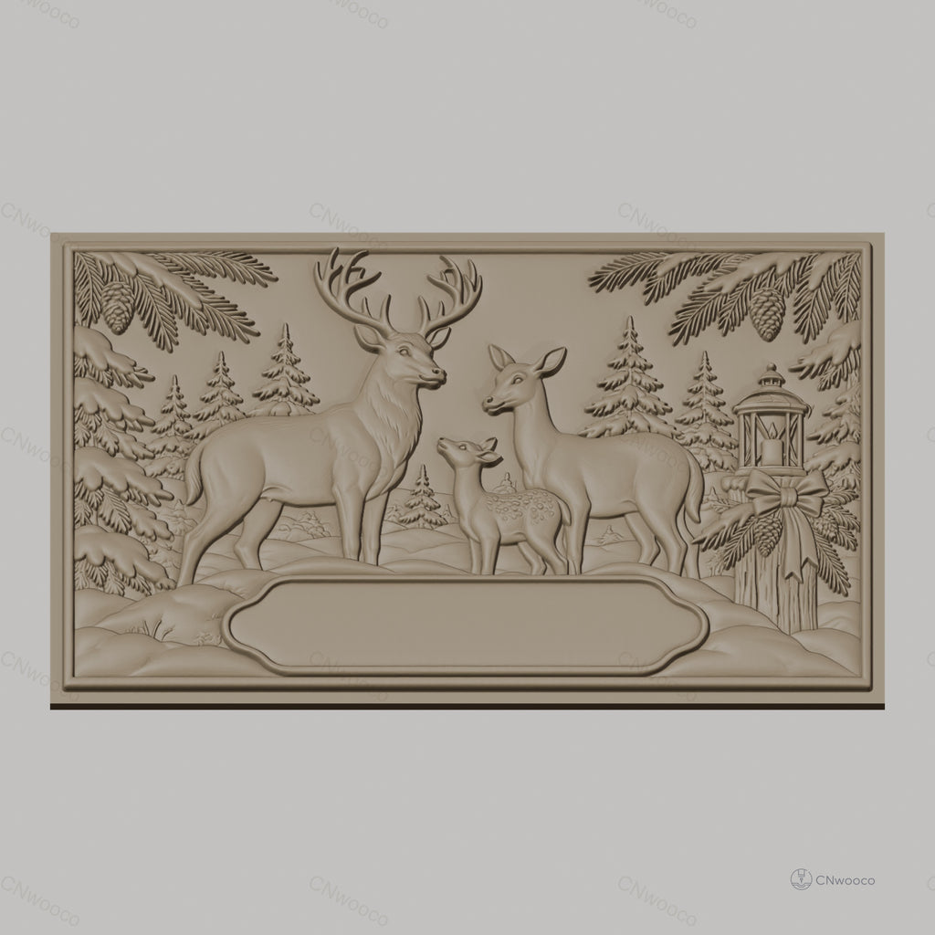 Fichier CNC & impression 3D famille de cerfs, forêt enneigée et lanterne, haute qualité relief STL