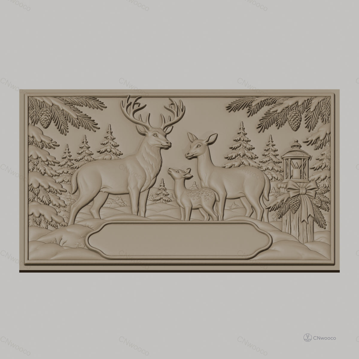 Fichier CNC & impression 3D famille de cerfs, forêt enneigée et lanterne, haute qualité relief STL