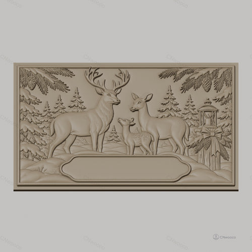 Fichier CNC & impression 3D famille de cerfs, forêt enneigée et lanterne, haute qualité relief STL