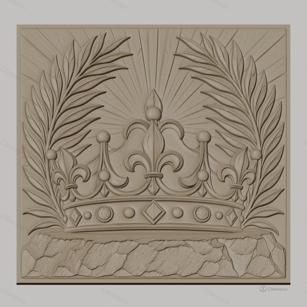 Fichier CNC & impression 3D couronne royale, feuilles de palmier, pierre texturée, haute qualité relief STL