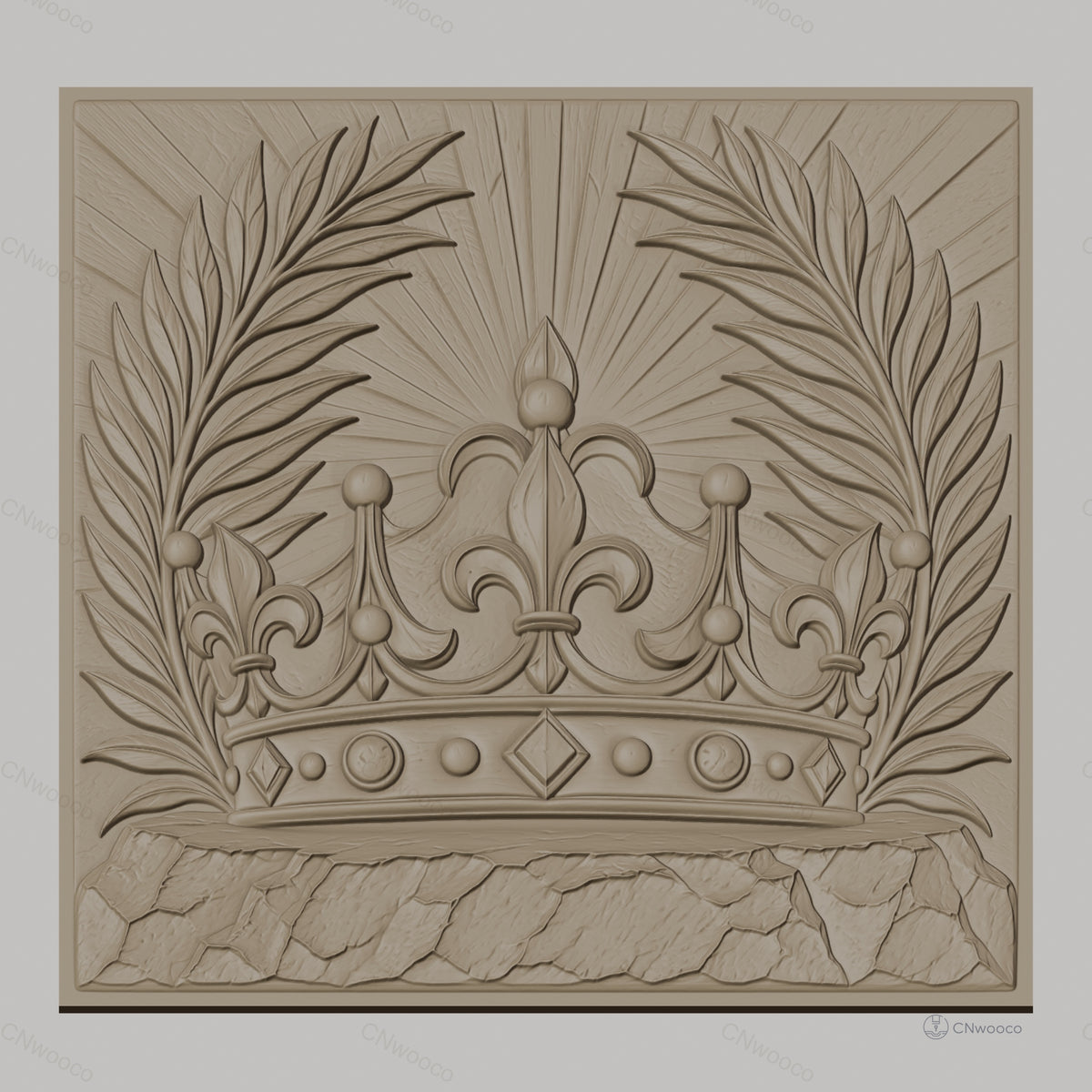 Fichier CNC & impression 3D couronne royale, feuilles de palmier, pierre texturée, haute qualité relief STL