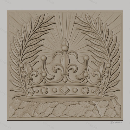 Fichier CNC & impression 3D couronne royale, feuilles de palmier, pierre texturée, haute qualité relief STL