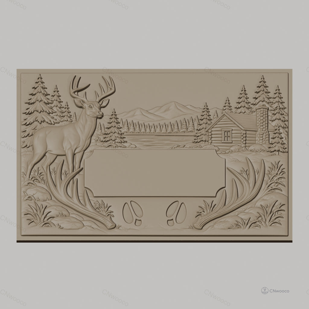 Fichier CNC & impression 3D paysage nature avec cerf, cabane en bois et montagnes, haute qualité relief STL