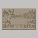 Fichier CNC & impression 3D paysage nature avec cerf, cabane en bois et montagnes, haute qualité relief STL