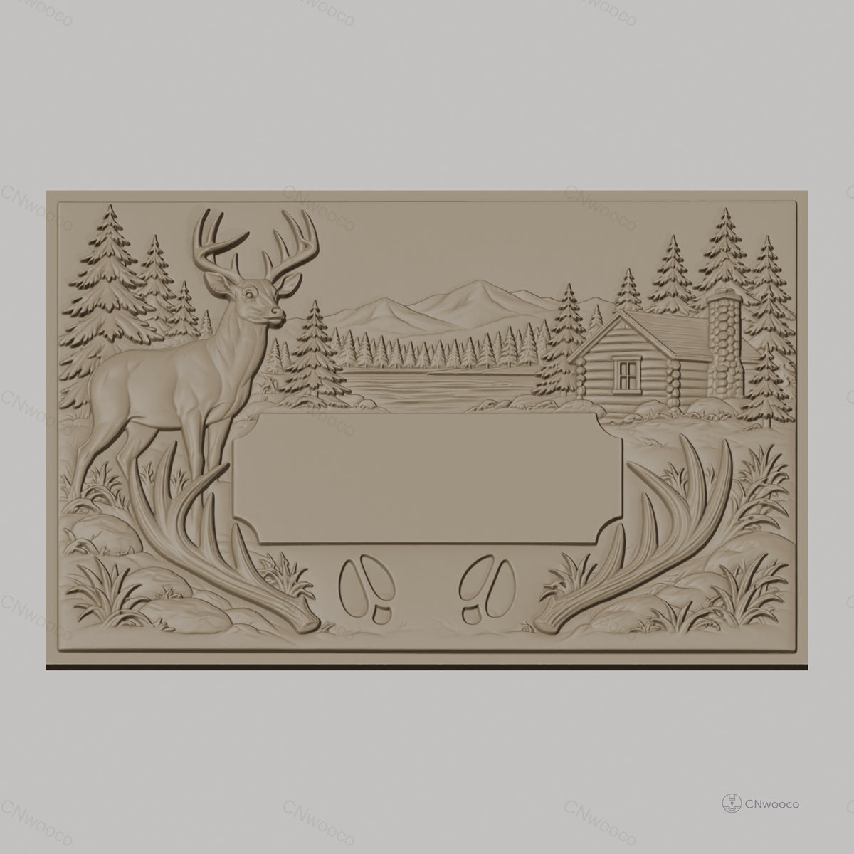 Fichier CNC & impression 3D paysage nature avec cerf, cabane en bois et montagnes, haute qualité relief STL