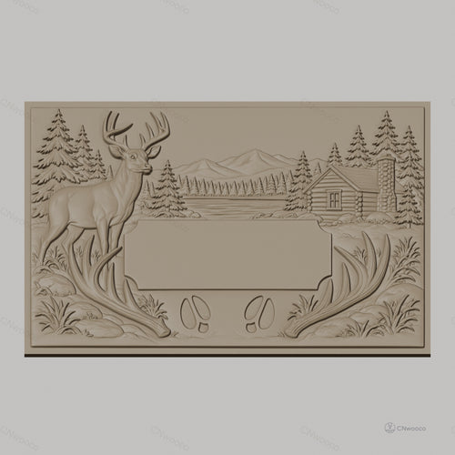 Fichier CNC & impression 3D paysage nature avec cerf, cabane en bois et montagnes, haute qualité relief STL