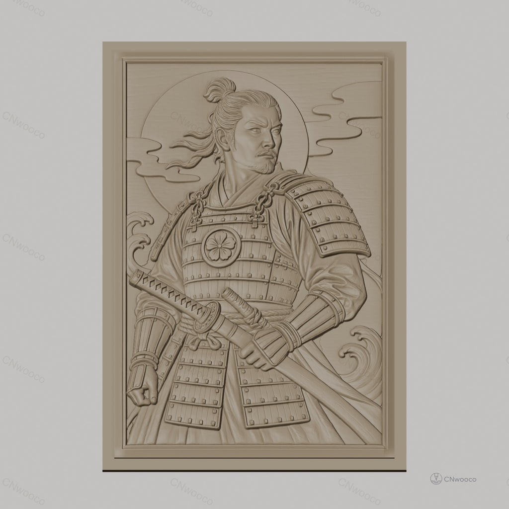Fichier CNC & impression 3D samouraï en armure, katana et vagues, haute qualité relief STL