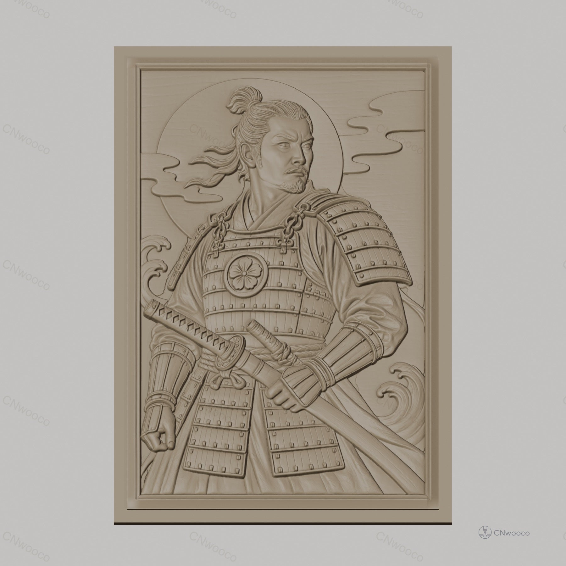 Fichier CNC & impression 3D samouraï en armure, katana et vagues, haute qualité relief STL