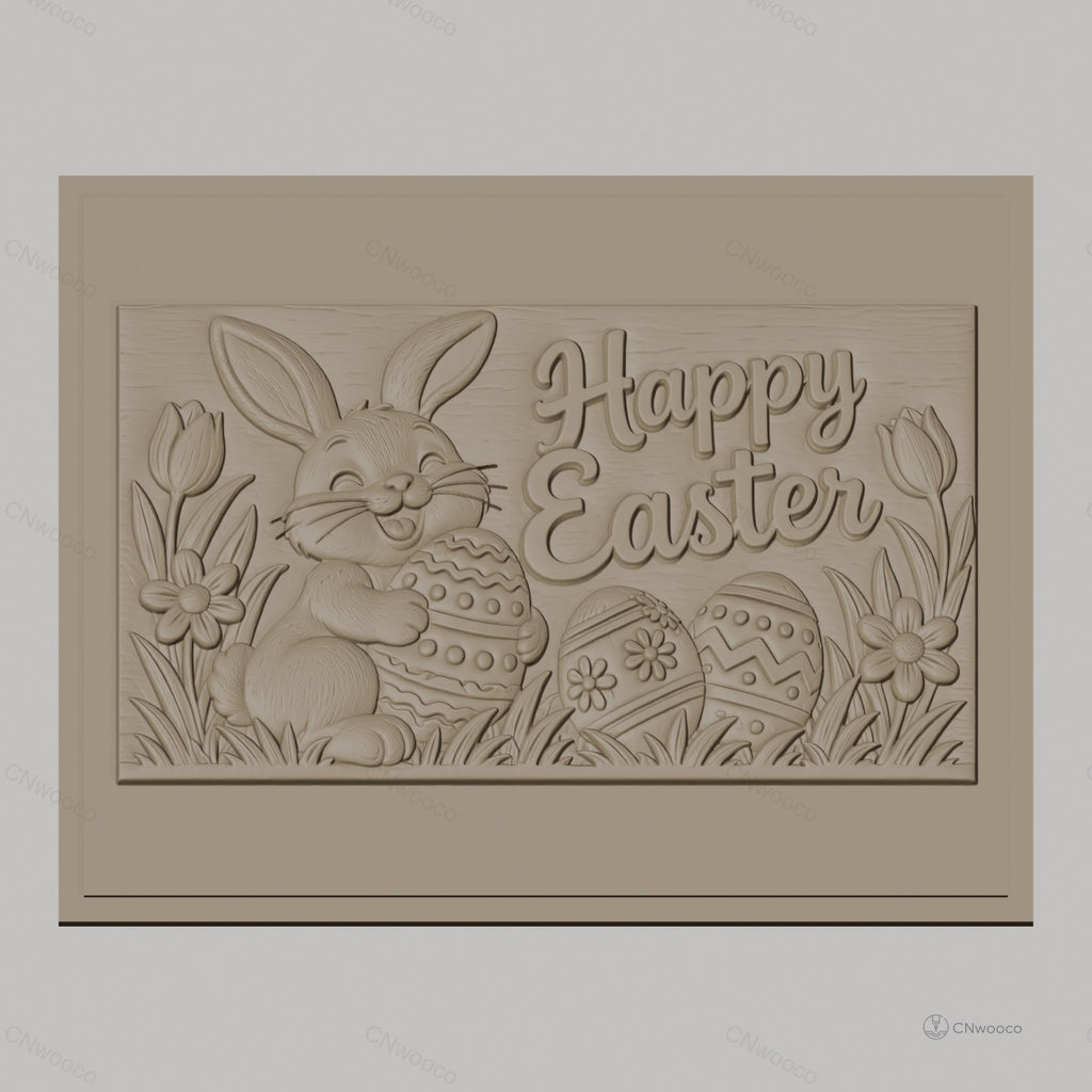 Fichier CNC & impression 3D Lapin de Pâques, oeufs décorés et fleurs, haute qualité relief STL