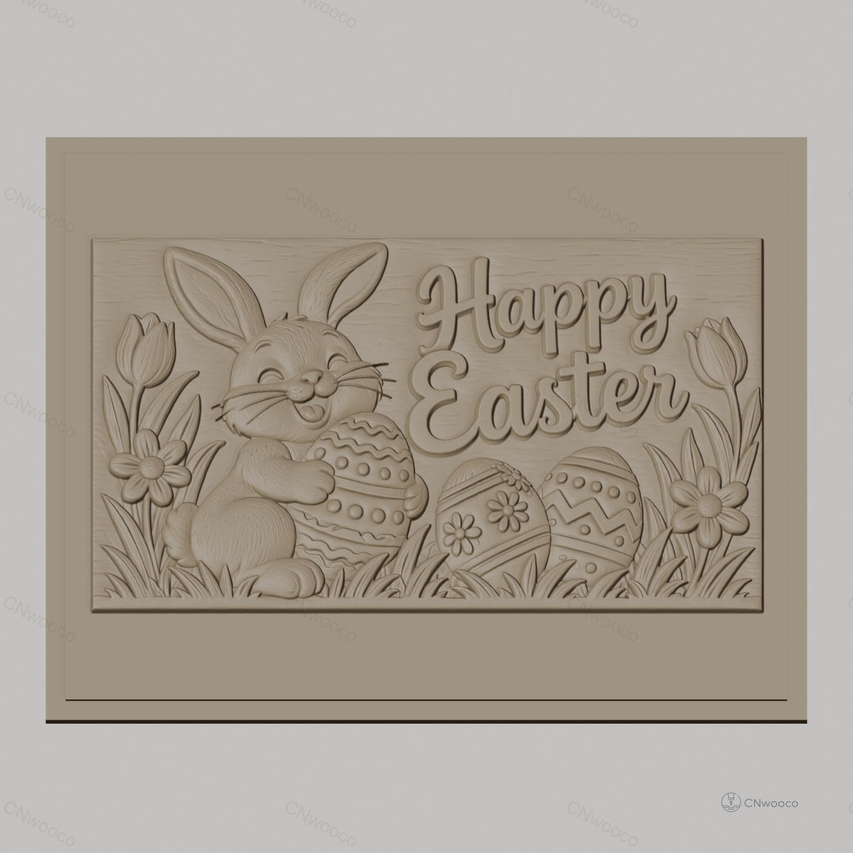 Fichier CNC & impression 3D Lapin de Pâques, oeufs décorés et fleurs, haute qualité relief STL