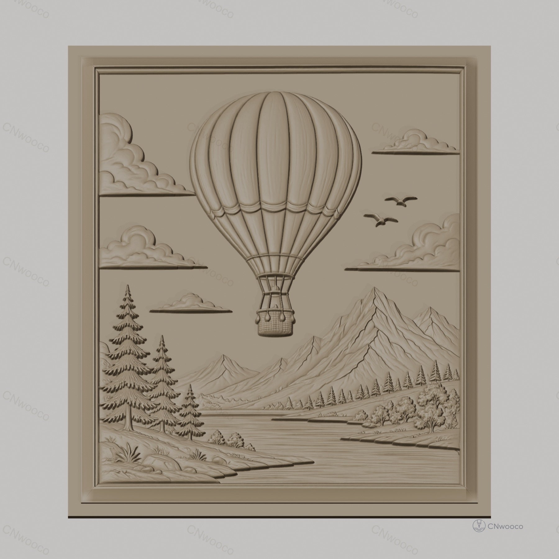 Fichier CNC & impression 3D montgolfière, montagnes, pins, rivière, haute qualité relief STL