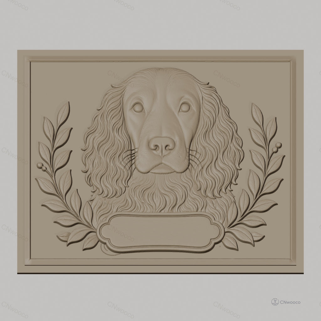 Fichier CNC & impression 3D chien épagneul avec feuilles décoratives, haute qualité relief STL
