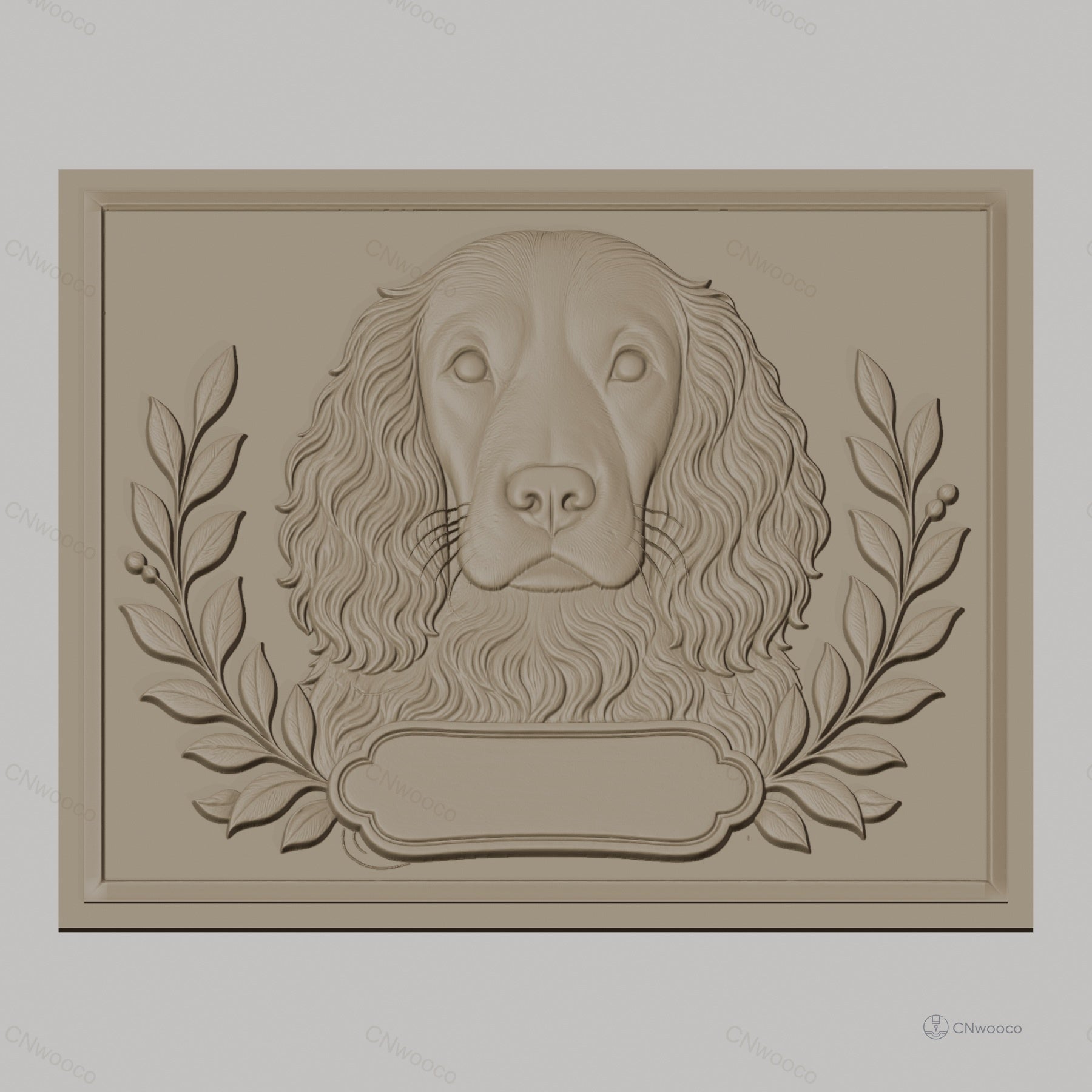 Fichier CNC & impression 3D chien épagneul avec feuilles décoratives, haute qualité relief STL
