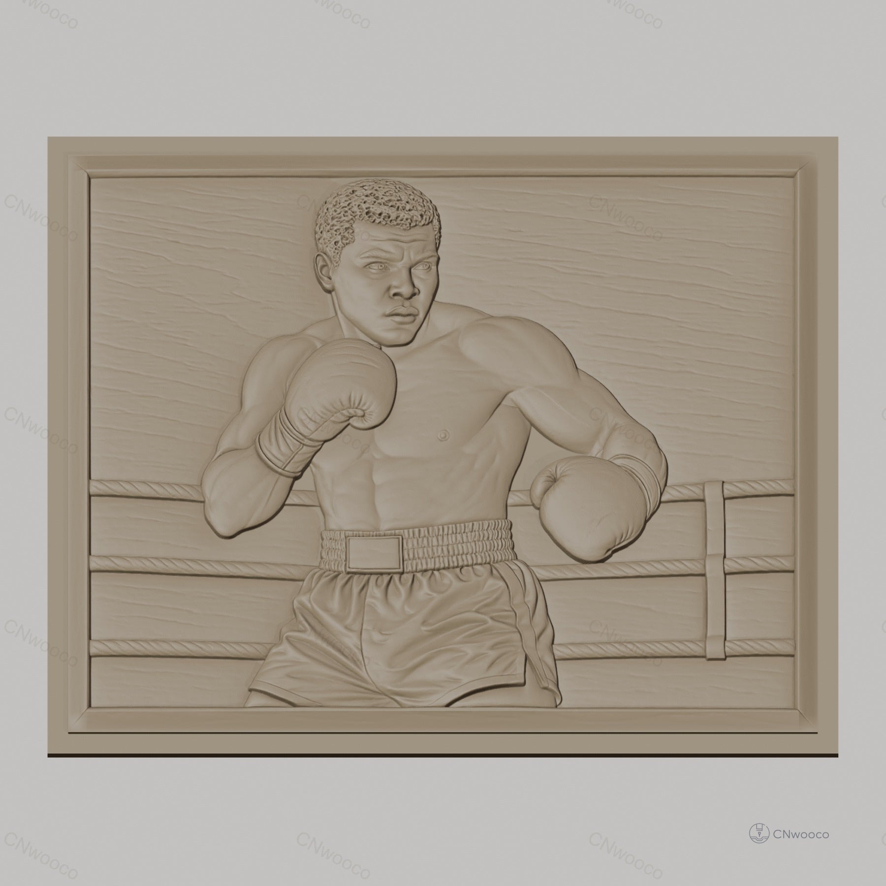 Fichier CNC & impression 3D boxeur en action, portrait et ring de boxe, haute qualité relief STL
