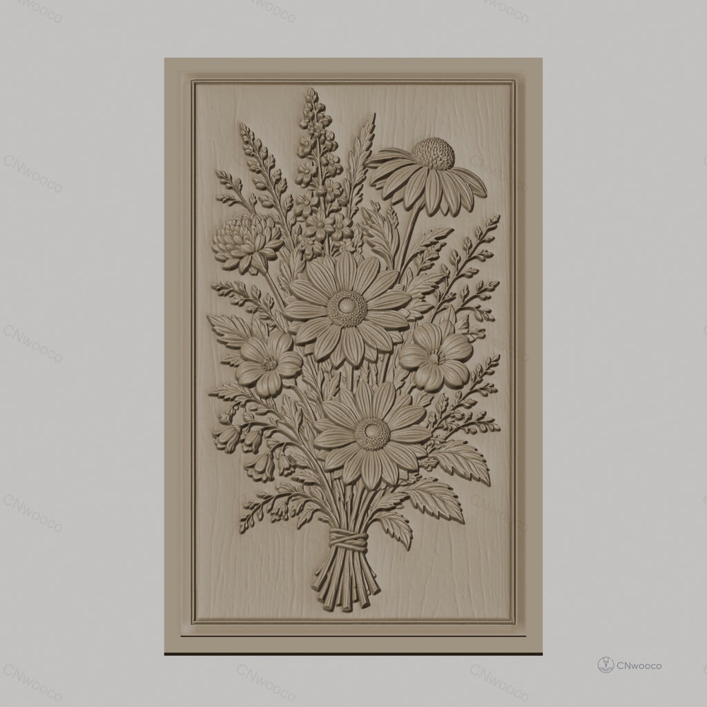Fichier CNC & impression 3D bouquet de fleurs sauvages, marguerites et feuillages, haute qualité relief STL