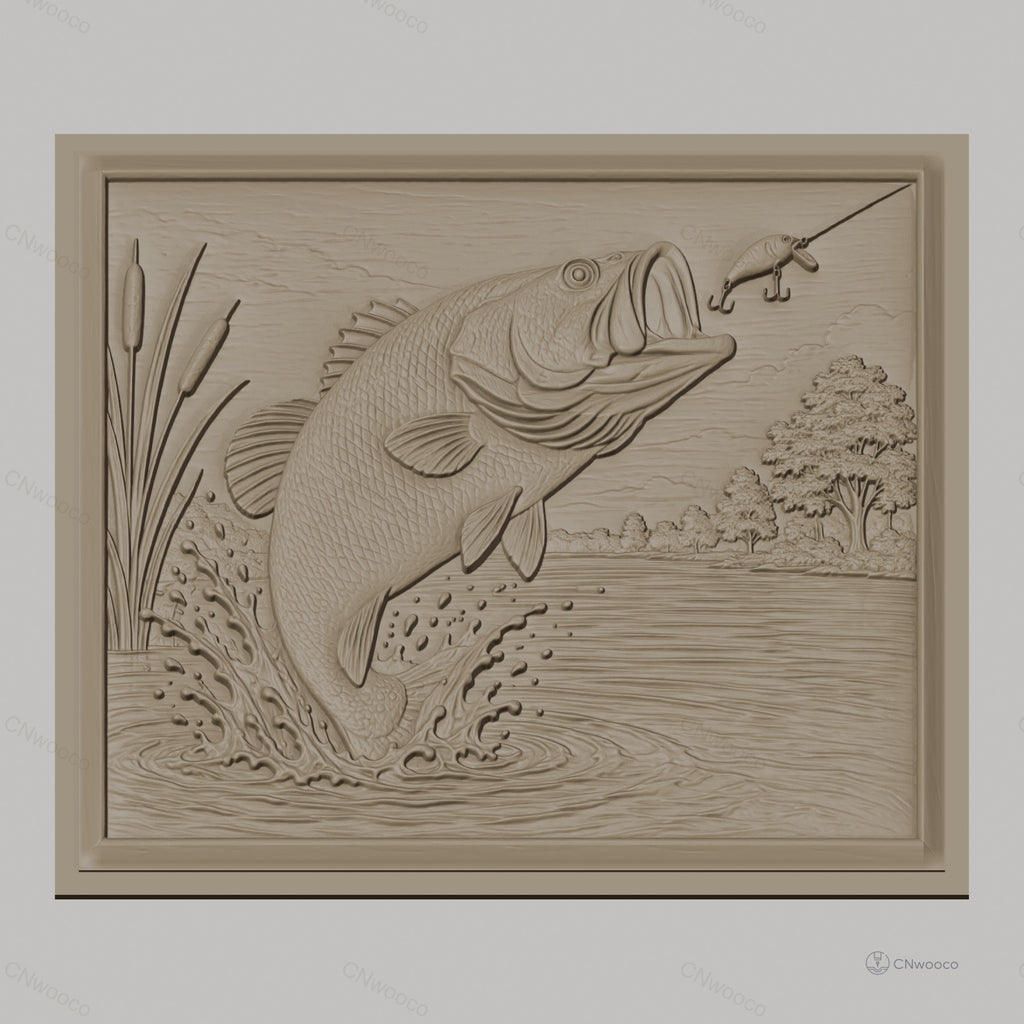 Fichier CNC & impression 3D poisson bass sautant, leurre de pêche et eau éclaboussante, haute qualité relief STL