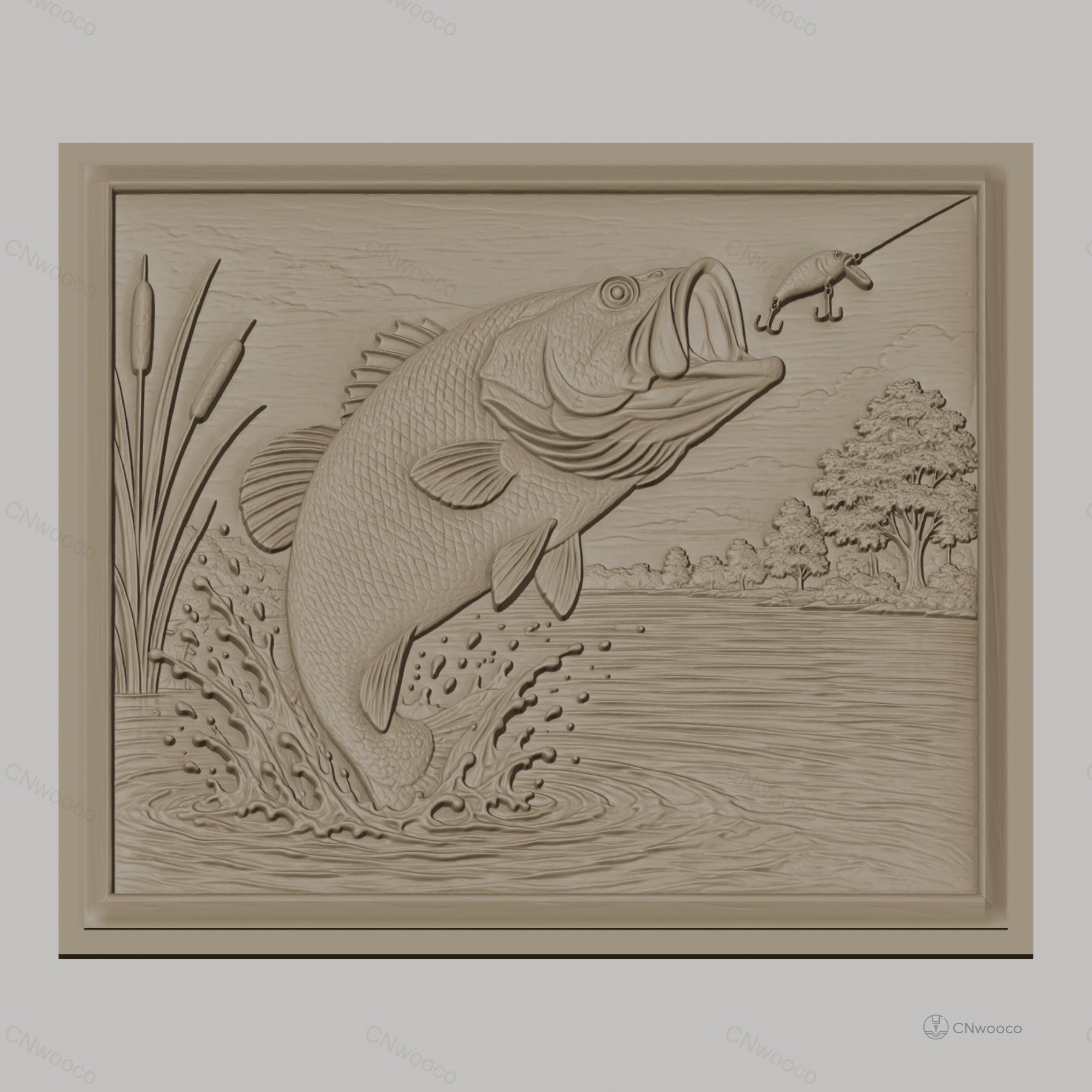 Fichier CNC & impression 3D poisson bass sautant, leurre de pêche et eau éclaboussante, haute qualité relief STL