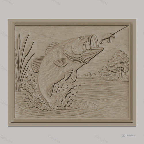Fichier CNC & impression 3D poisson bass sautant, leurre de pêche et eau éclaboussante, haute qualité relief STL