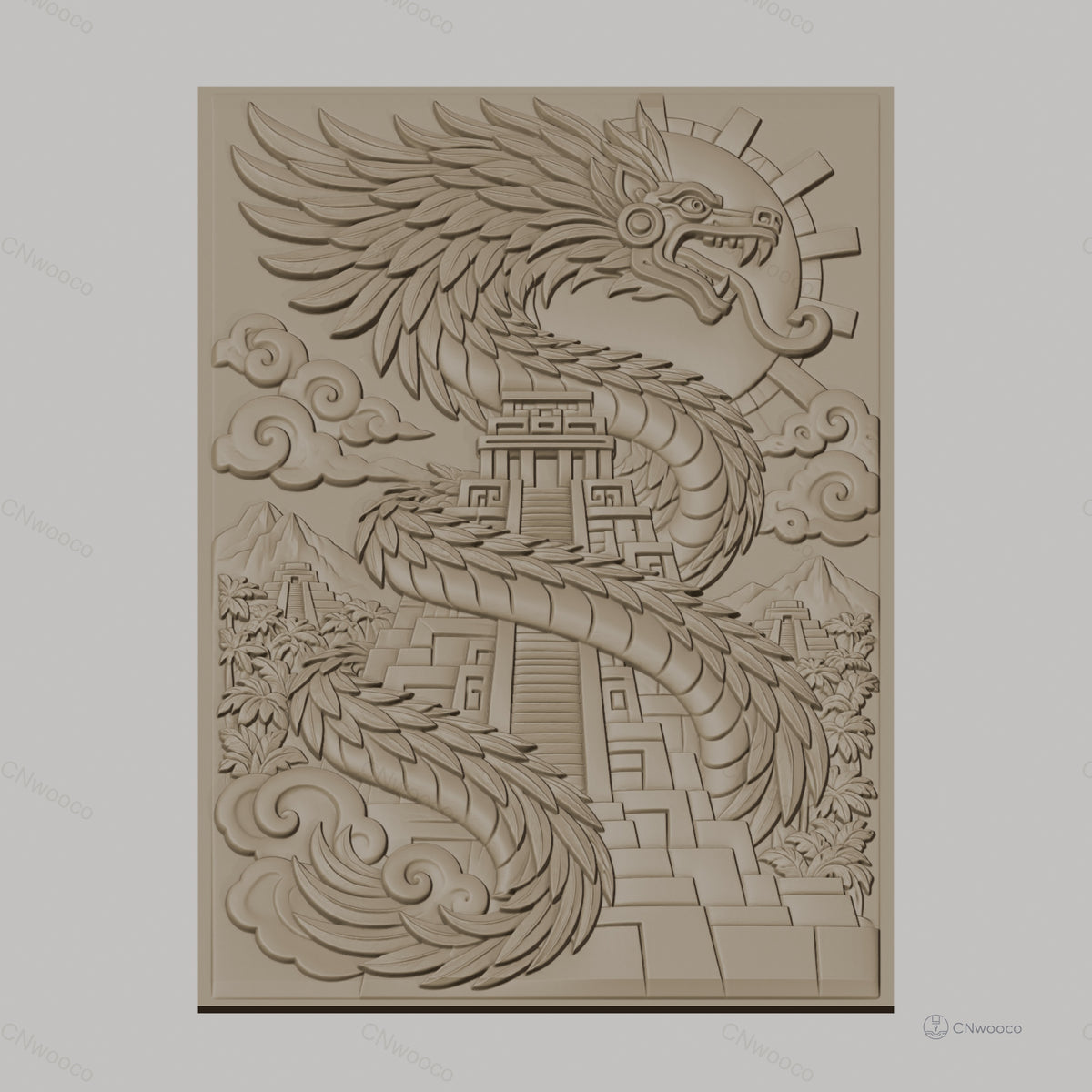 Fichier CNC & impression 3D dragon aztèque, pyramide ancienne et nuages, haute qualité relief STL