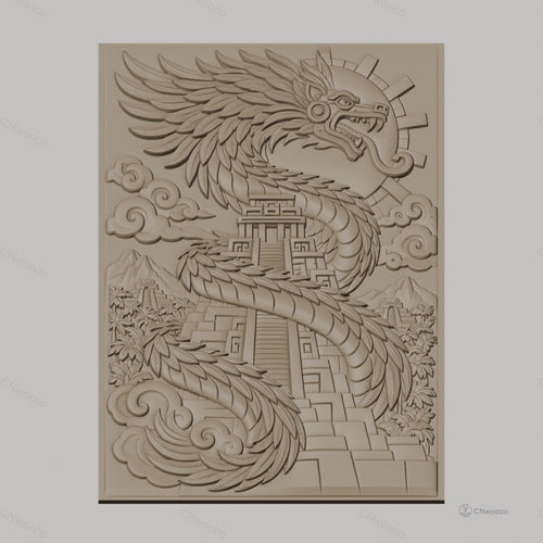 Fichier CNC & impression 3D dragon aztèque, pyramide ancienne et nuages, haute qualité relief STL