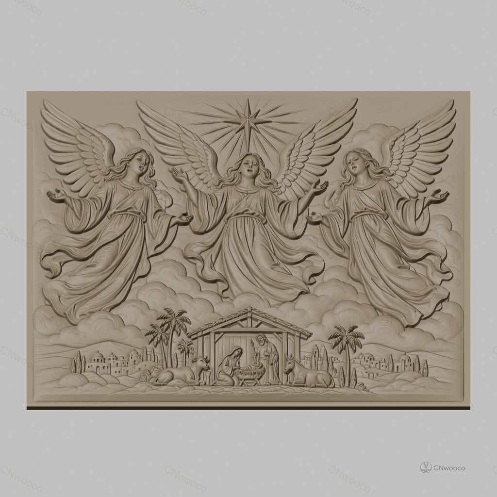 Fichier CNC & impression 3D scène de la Nativité avec anges, crèche, animaux et étoile, haute qualité relief STL