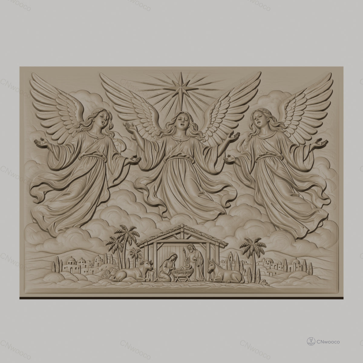 Fichier CNC & impression 3D scène de la Nativité avec anges, crèche, animaux et étoile, haute qualité relief STL