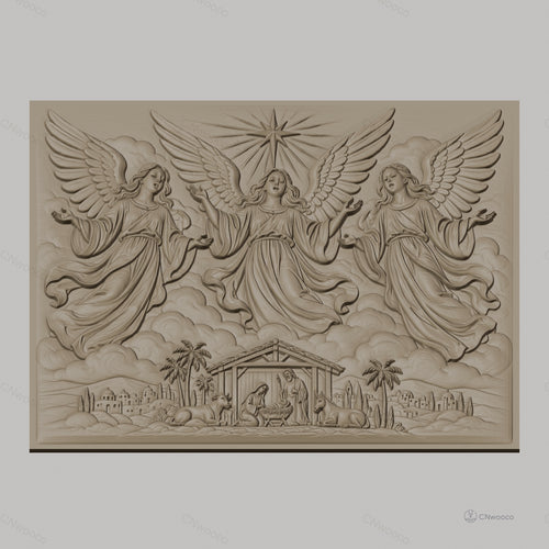 Fichier CNC & impression 3D scène de la Nativité avec anges, crèche, animaux et étoile, haute qualité relief STL