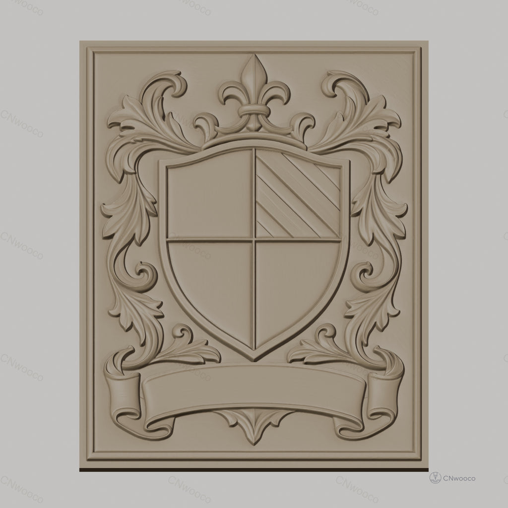 Fichier CNC & impression 3D blason héraldique, feuilles ornementales et bannière, haute qualité relief STL