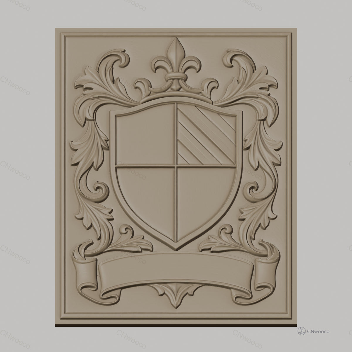 Fichier CNC & impression 3D blason héraldique, feuilles ornementales et bannière, haute qualité relief STL