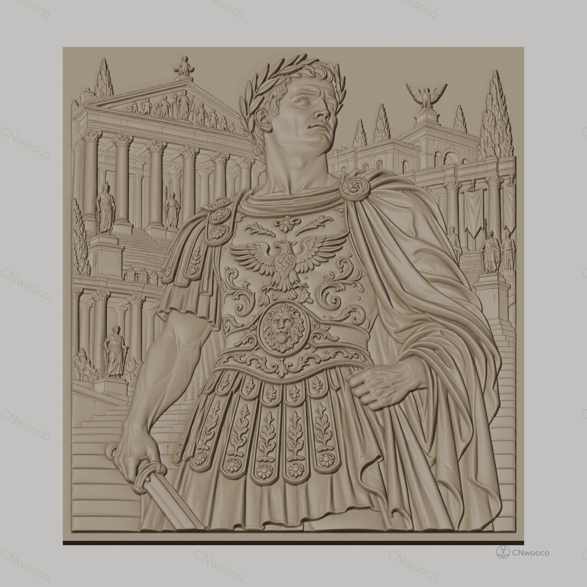 Fichier CNC & impression 3D empereur romain, détails armure et architecture antique, haute qualité relief STL