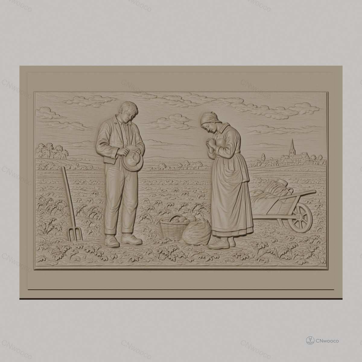 Fichier CNC & impression 3D scène agricole, homme et femme paysans dans champ, haute qualité relief STL