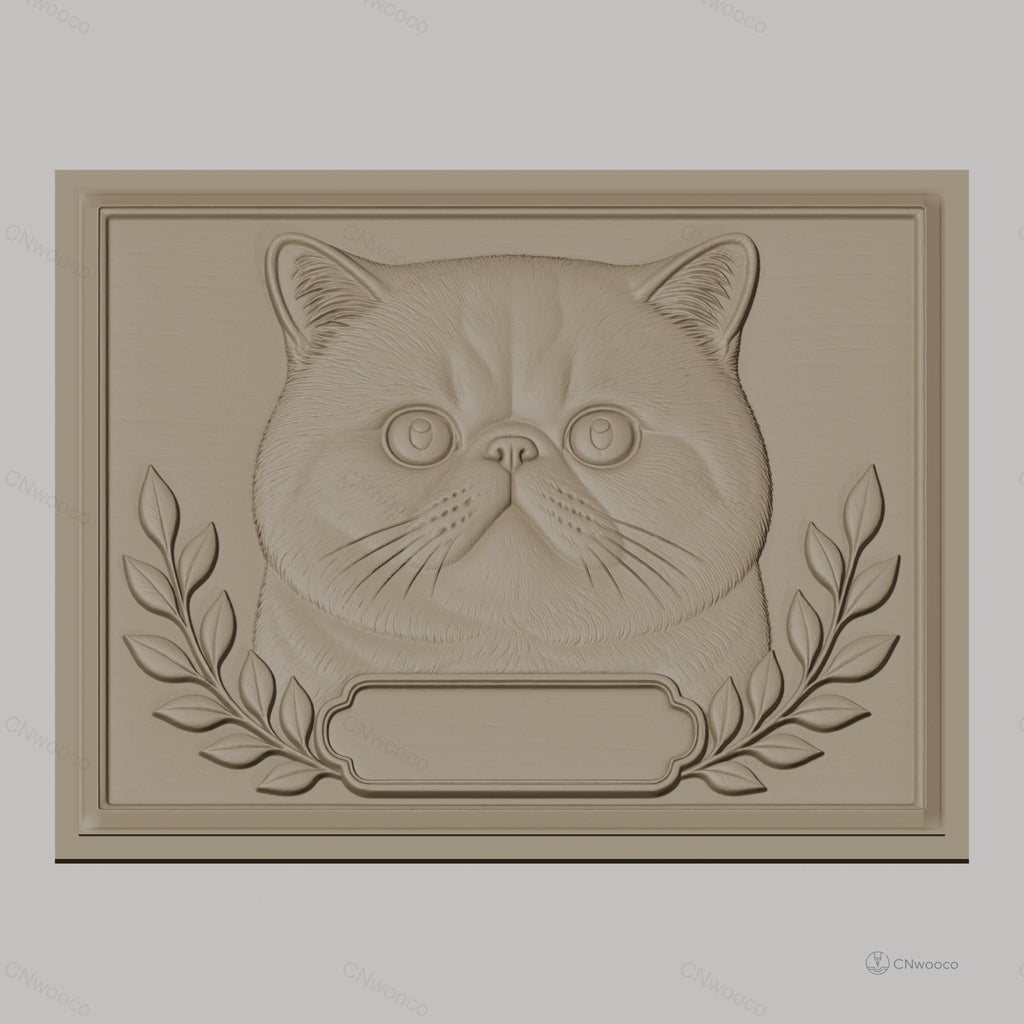 Fichier CNC & impression 3D chat British Shorthair, visage de chat avec feuilles décoratives, haute qualité relief STL