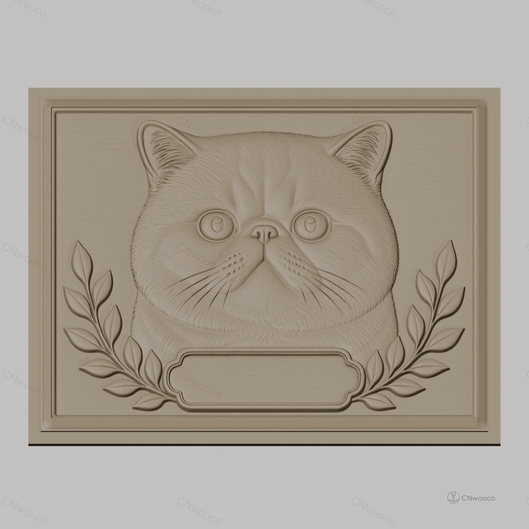 Fichier CNC & impression 3D chat British Shorthair, visage de chat avec feuilles décoratives, haute qualité relief STL