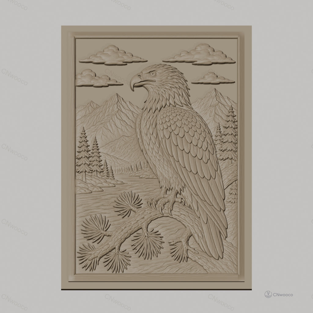 Fichier CNC & impression 3D aigle sur branche, montagnes, forêt, rivière, haute qualité relief STL
