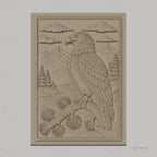 Fichier CNC & impression 3D aigle sur branche, montagnes, forêt, rivière, haute qualité relief STL