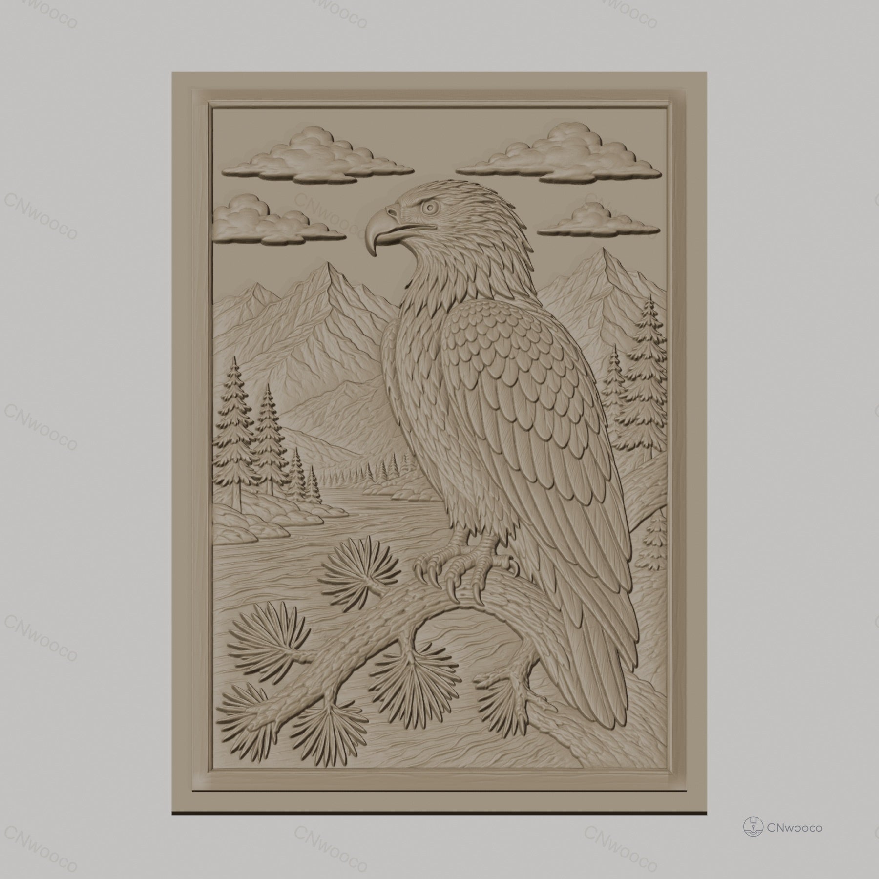 Fichier CNC & impression 3D aigle sur branche, montagnes, forêt, rivière, haute qualité relief STL