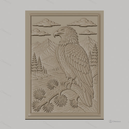 Fichier CNC & impression 3D aigle sur branche, montagnes, forêt, rivière, haute qualité relief STL