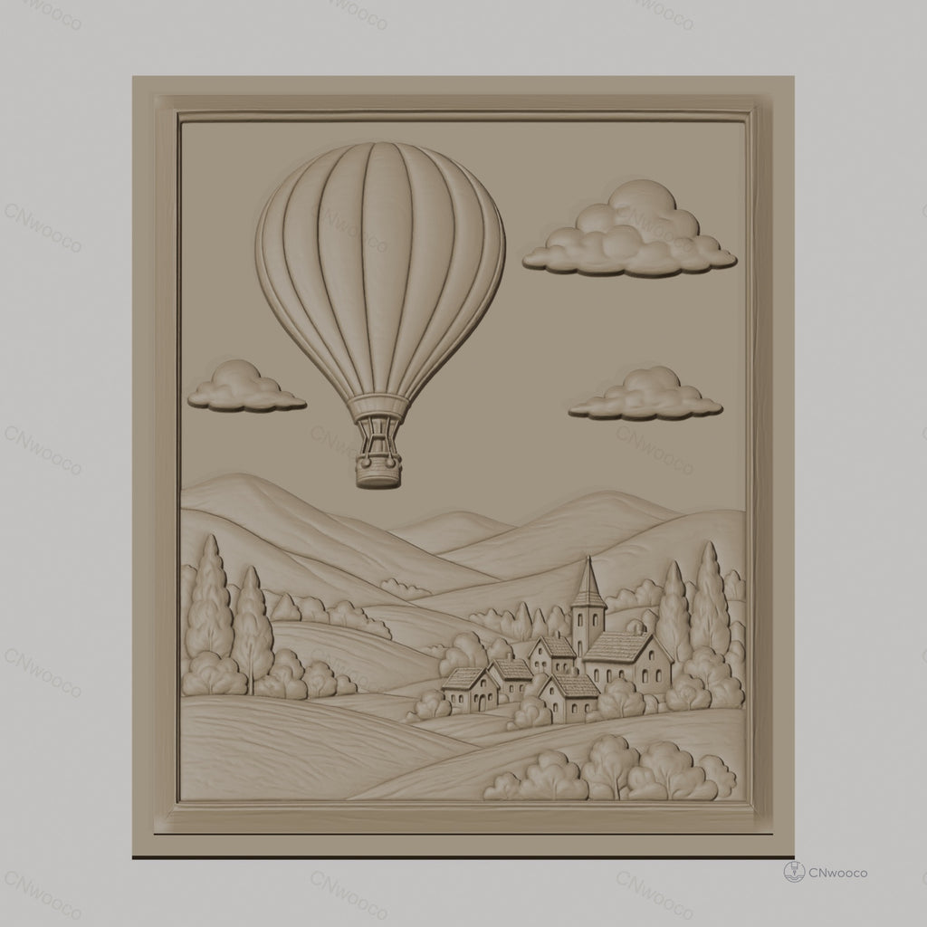Fichier CNC & impression 3D montgolfière, village, collines, nuages, haute qualité relief STL