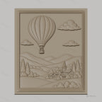 Fichier CNC & impression 3D montgolfière, village, collines, nuages, haute qualité relief STL