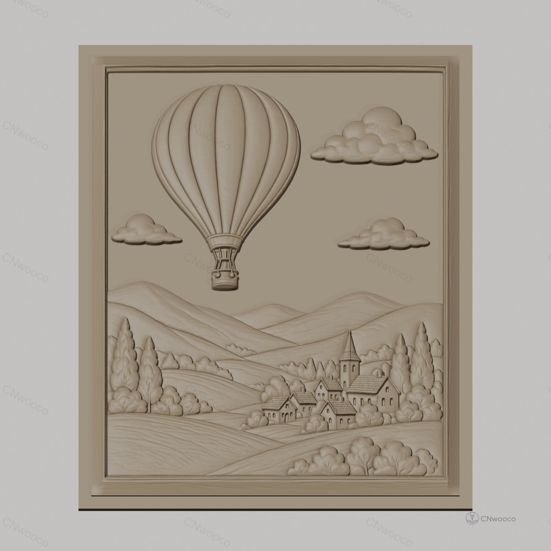 Fichier CNC & impression 3D montgolfière, village, collines, nuages, haute qualité relief STL