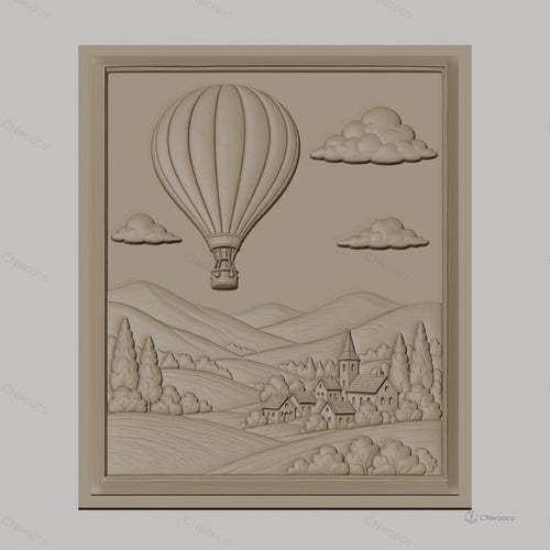 Fichier CNC & impression 3D montgolfière, village, collines, nuages, haute qualité relief STL