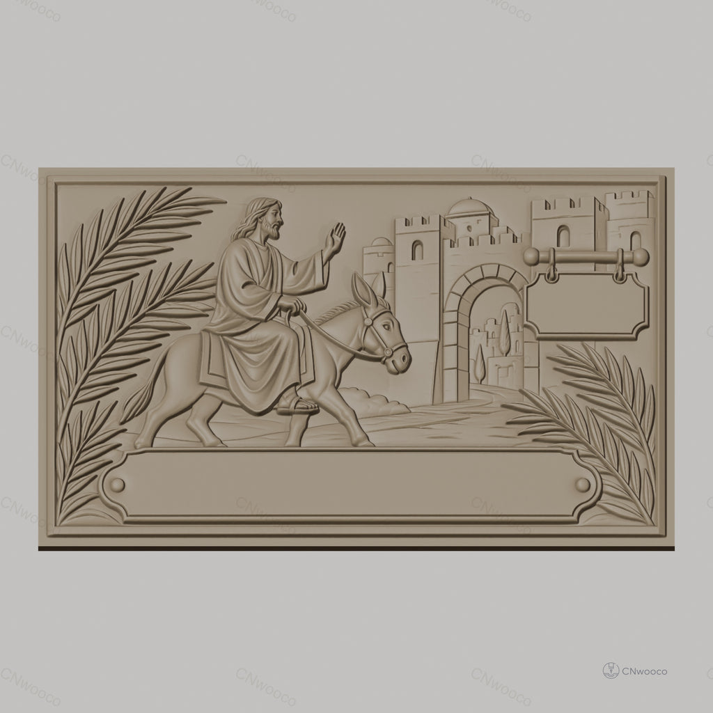 Fichier CNC & impression 3D Jésus entrant à Jérusalem, relief avec âne, palmiers et ville ancienne, haute qualité relief STL
